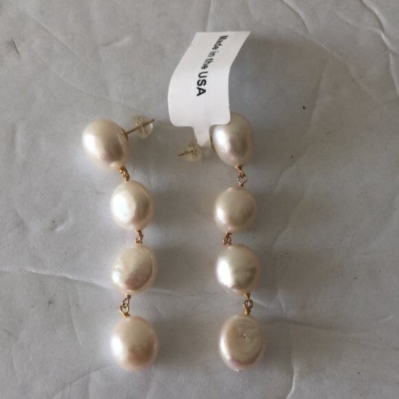 AMA TREASURES Made In The Usa 14kt Gold Freshwater Pearl Dangle Earrings 2 1/4in - Picture 3 of 5